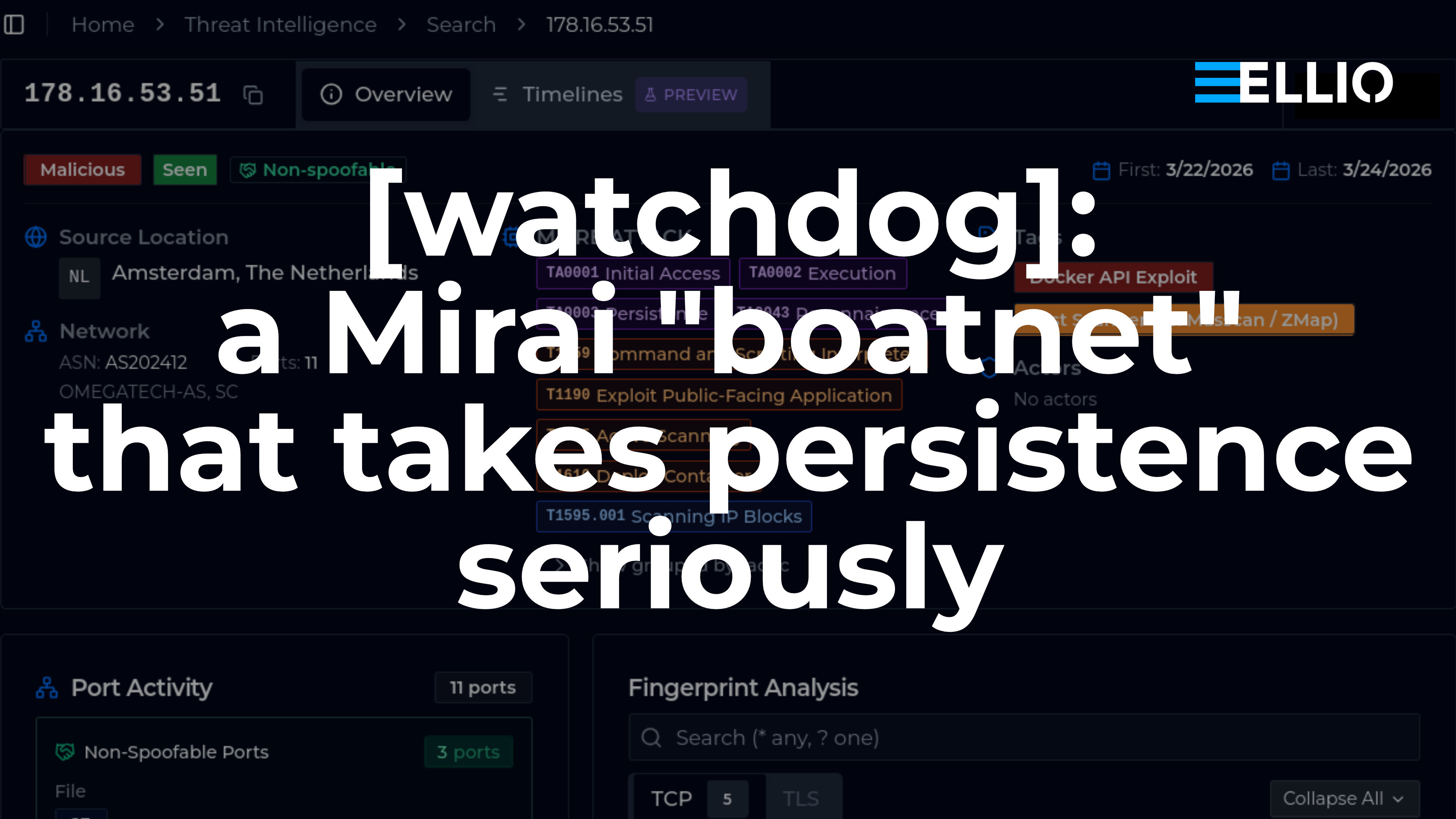 ELLIO threat intelligence dashboard showing IP 178.16.53.51 flagged as malicious Mirai botnet from Amsterdam, with timeline of exploit attempts and port scanning activity detected between March 22-24, 2026.