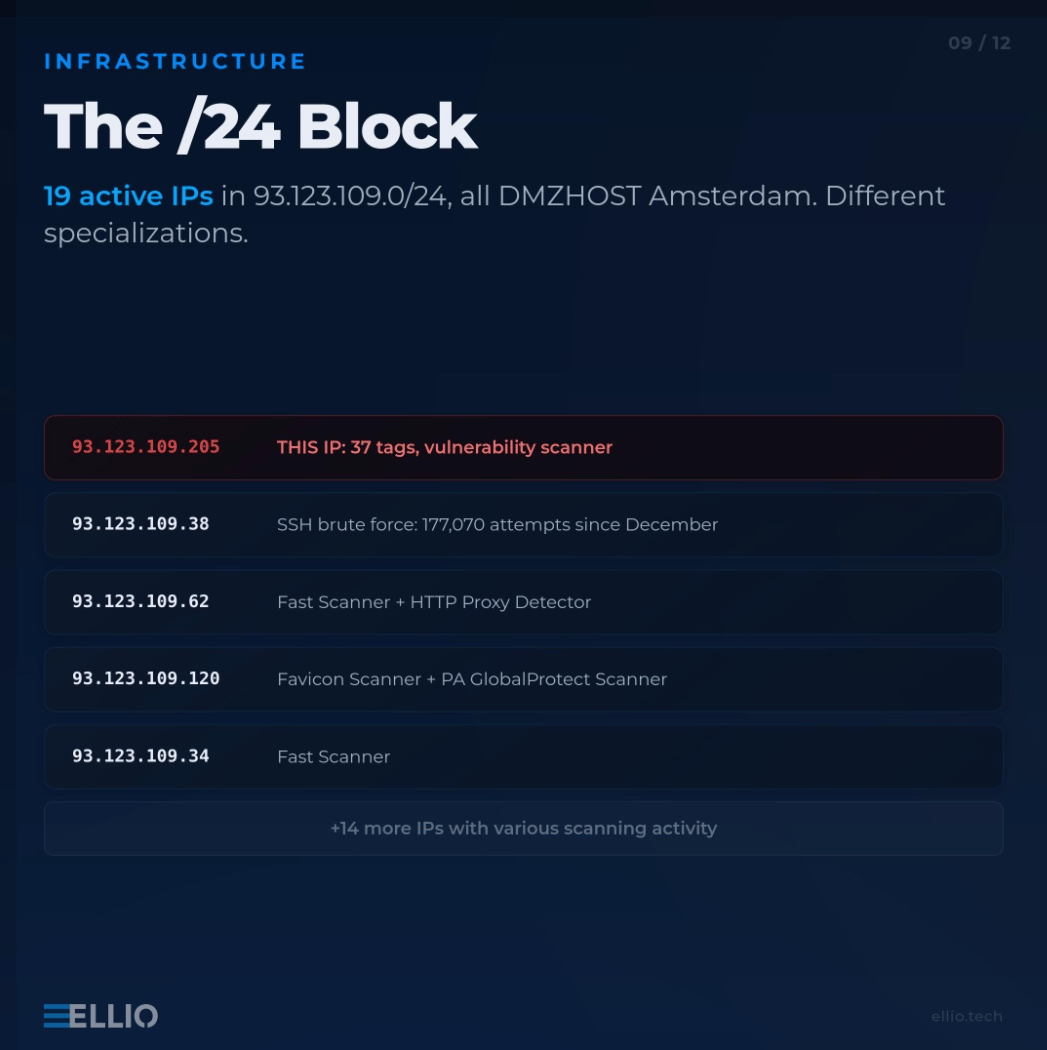 Screenshot showing ELLIO's /24 Block infrastructure analysis for 93.123.109.0/24 network with 19 active IPs in Amsterdam, highlighting malicious activities including SSH brute force attacks, vulnerability scanning, and various network scanners across multiple IP addresses.
