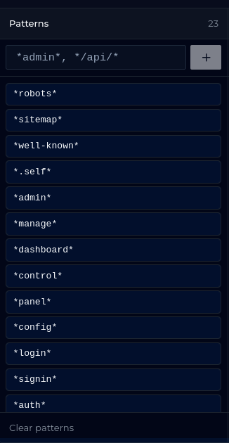 Network security patterns configuration interface showing URL path filters including admin, API, robots, sitemap, authentication, and dashboard endpoints