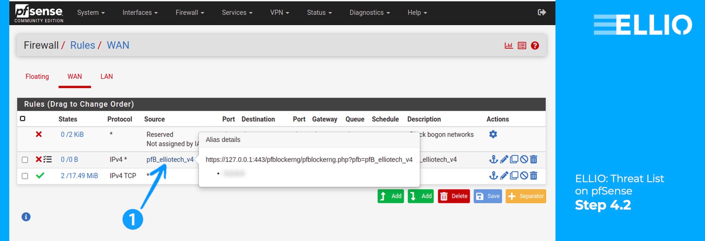 ELLIO installation guide how to set up IP blocking on open-source router pfSense.
