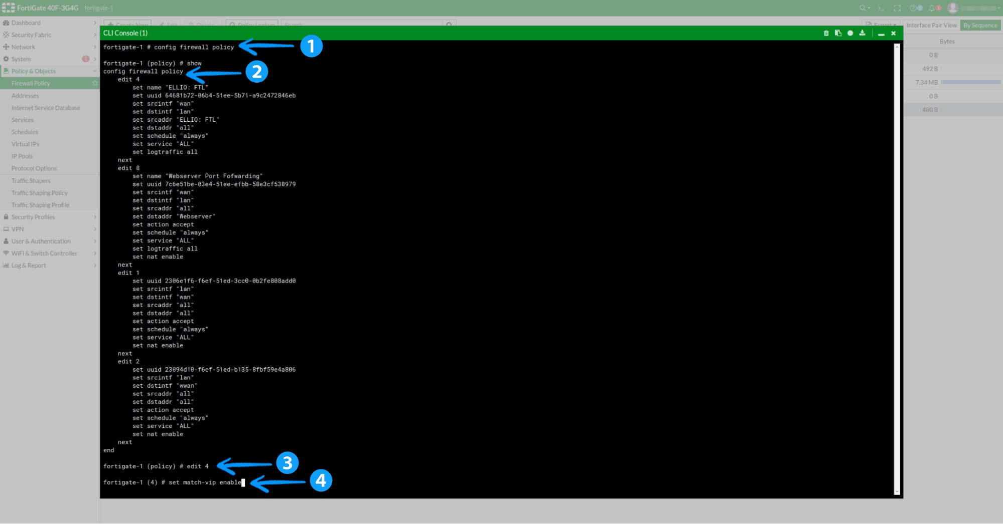 FortiGate firewall policy configuration terminal showing numbered steps to navigate and edit firewall rules, with policy details including IP addresses and service settings displayed in CLI interface.
