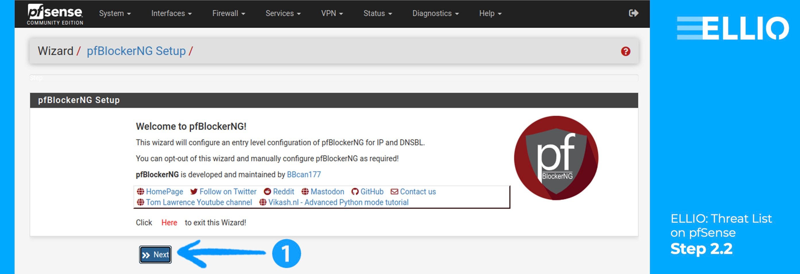 Configuration of pfBlockerNG for IP and DNSBL.