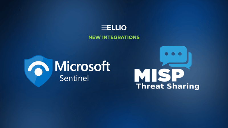 ELLIO new integrations announcement featuring Microsoft Sentinel and MISP Threat Sharing logos on blue gradient background